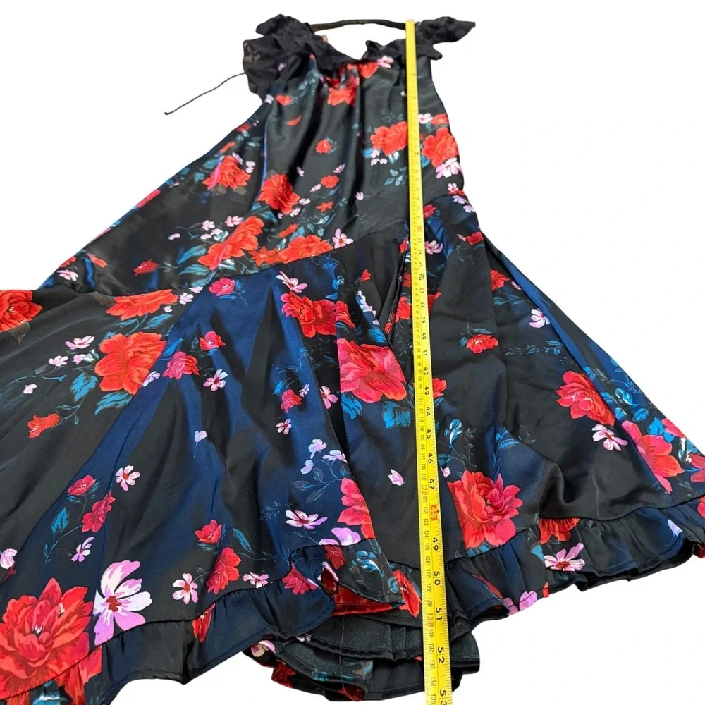 Free People Dark Romance Lace Trim Floral Satin Maxi Dress Black Red Rose V-Neck